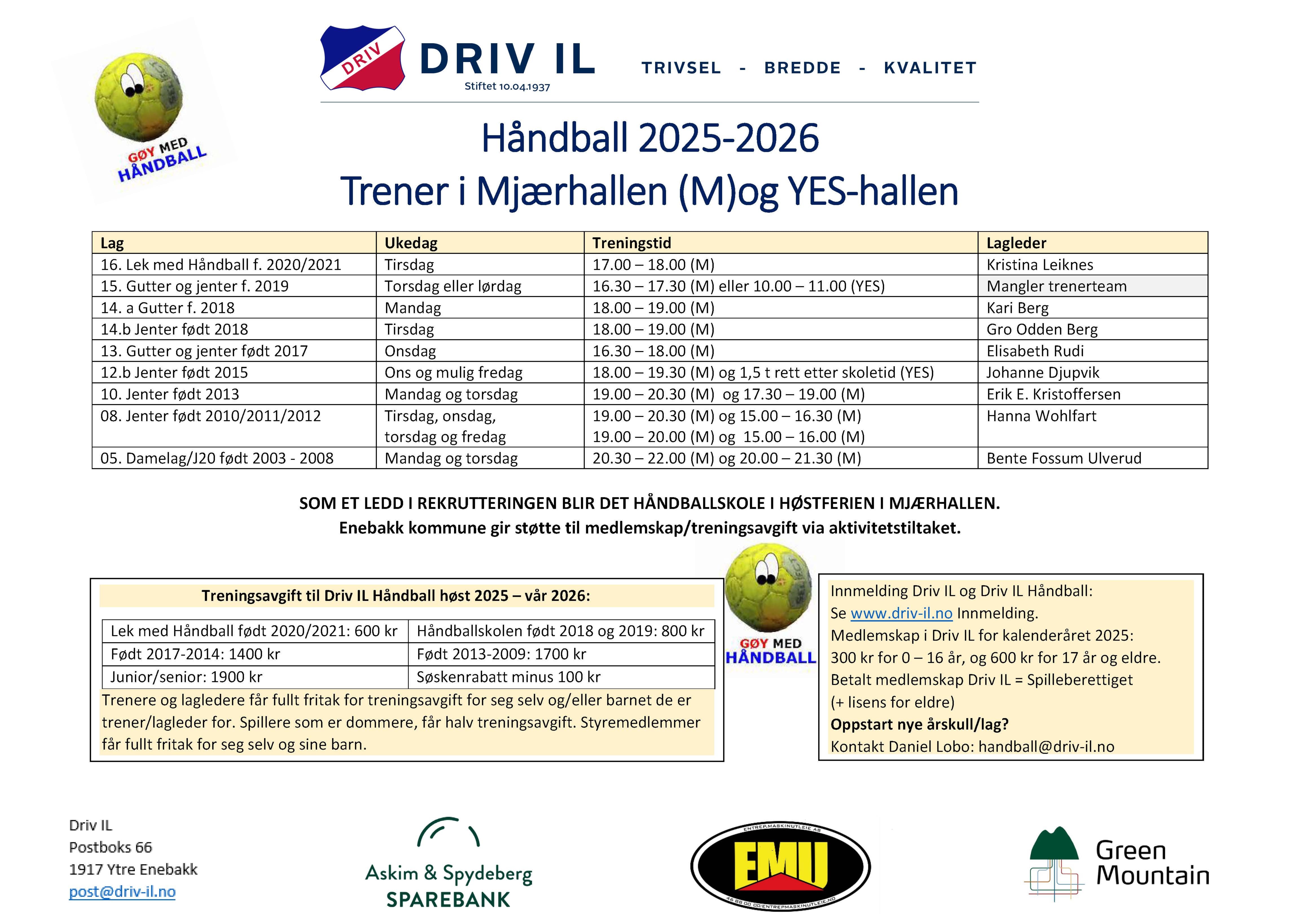 Oversikt lag og treningstider Håndball sesong 2025 - 2026